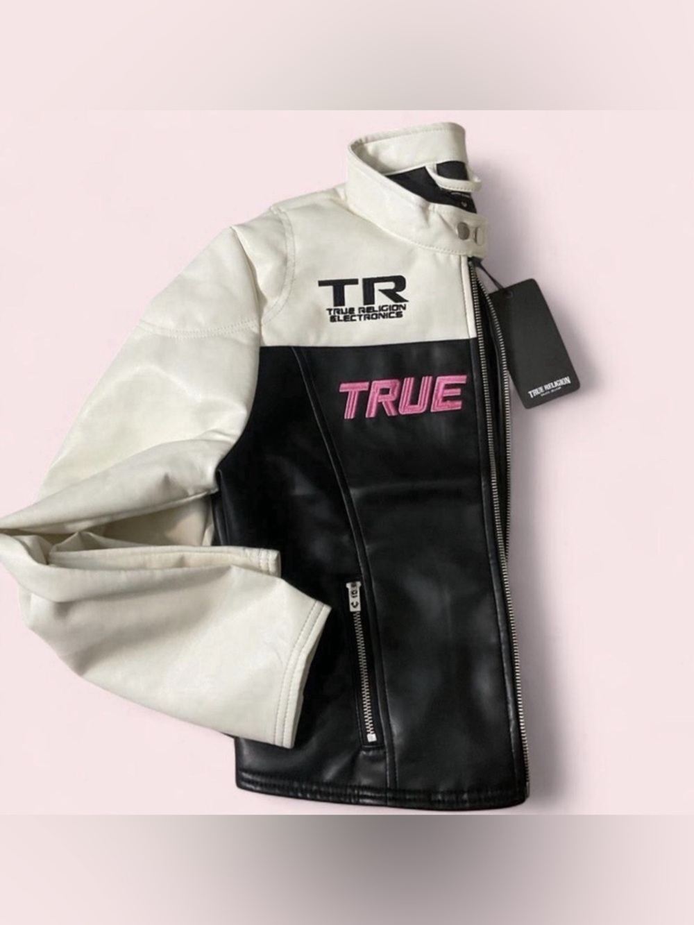 True Religion Colorblock Racer Moto Leather Jacket Racing - Picture 4 of 7